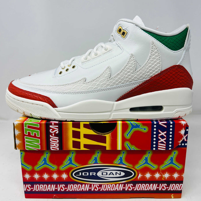 Jordan 3 Retro El Vuelo Summit White sneaker on colorful Jordan box with extra laces, brand new 2025 model