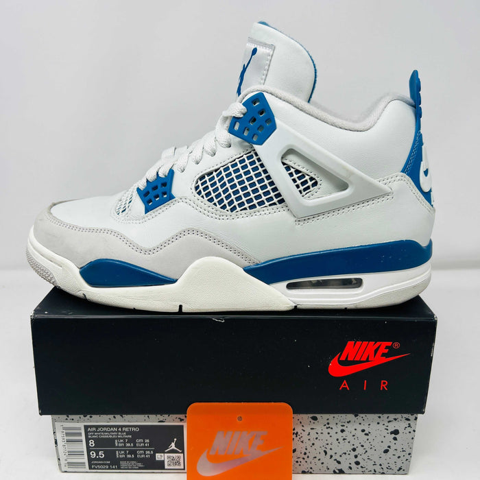 Jordan 4 Retro Military Blue 2024 sneaker with clean uppers and slight heel drag