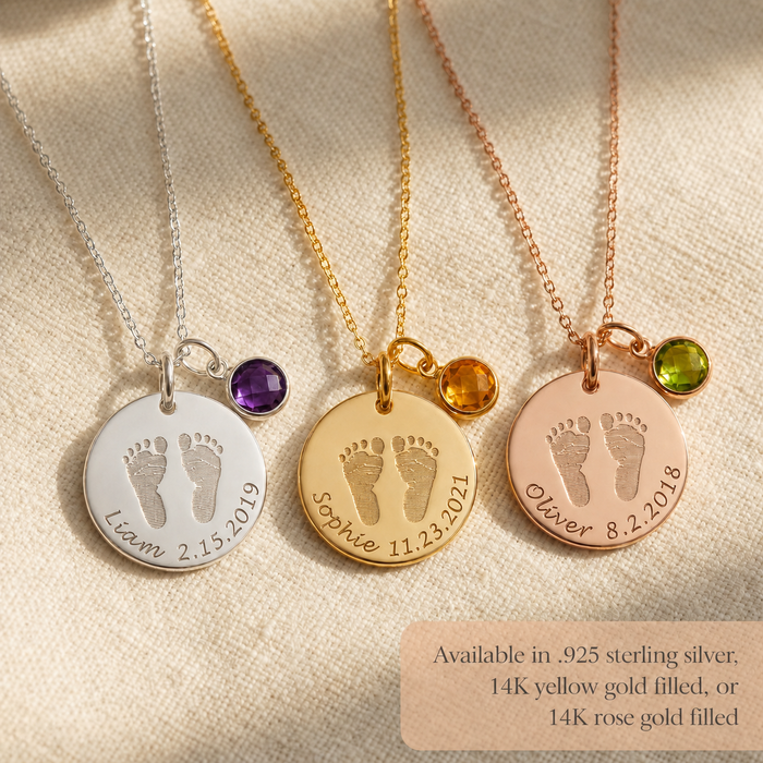 Baby footprint necklace shown in sterling silver, 14k yellow gold filled, and 14k rose gold filled with birthstone charms.