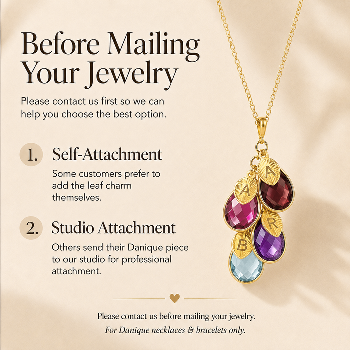 Before mailing your jewelry guide explaining self-attachment and studio attachment for adding hand stamped initial charms.
