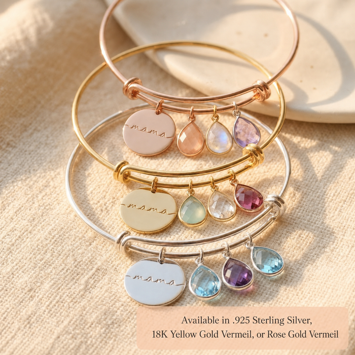 Personalized mom birthstone bracelet with engraved names and colorful faceted birthstones, available in gold, sterling silver, and rose gold.