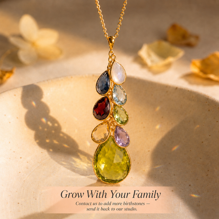 Grow with your family birthstone necklace featuring custom natural gemstones, designed to add more stones over time.