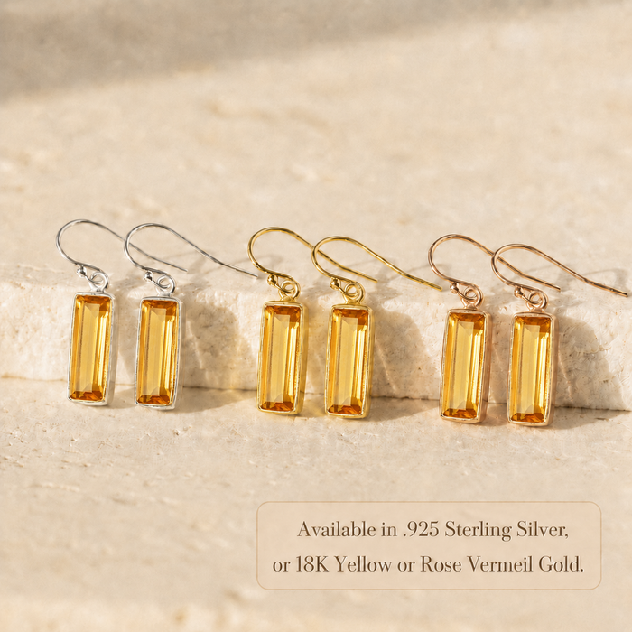 Citrine Quartz earrings in sterling silver, yellow gold, and rose gold finishes