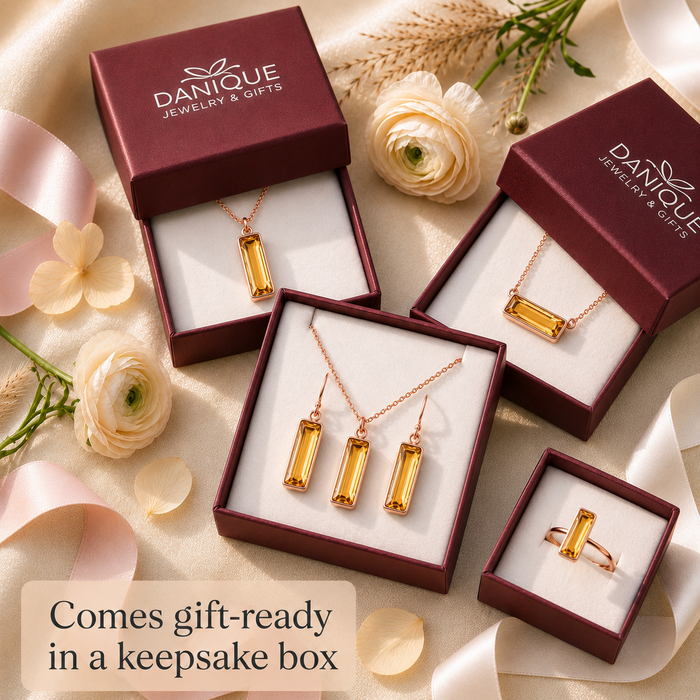 Citrine Quartz earrings and matching jewelry in Danique Jewelry gift boxes