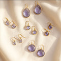 Alexandrite quartz earrings in lavender June birthstone tones with teardrop and round styles in gold and silver