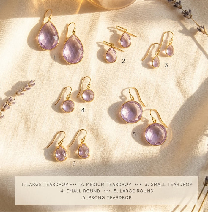 Alexandrite quartz earring size guide showing large teardrop, medium teardrop, small teardrop, round, and prong styles
