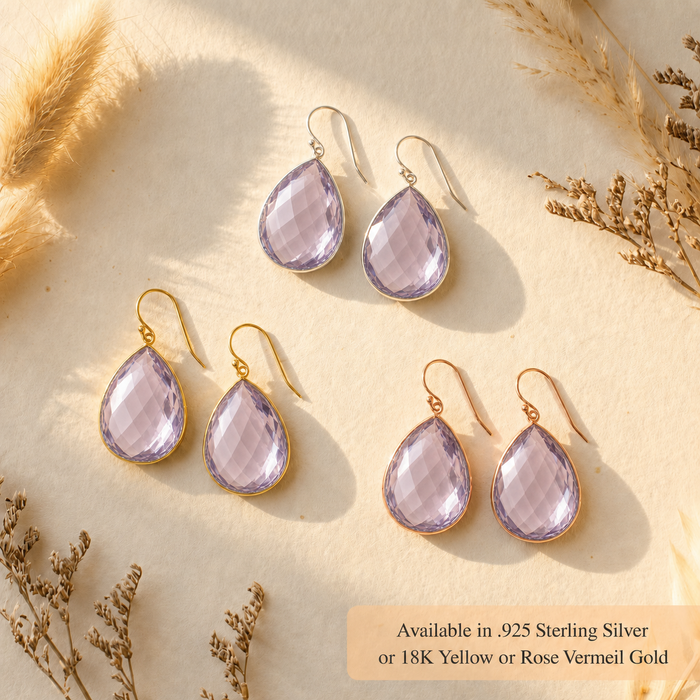 Alexandrite quartz earrings in gold and silver with text showing availability in sterling silver and gold finishes