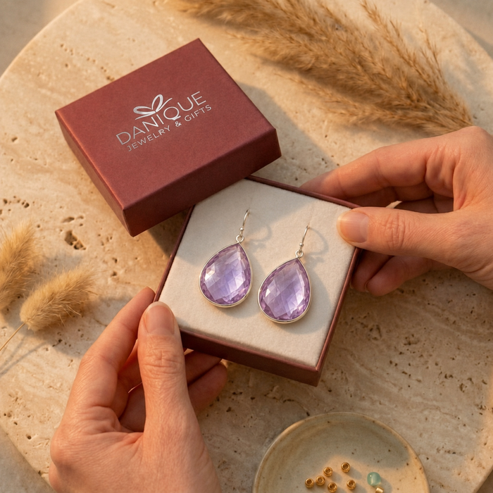 Danique Jewelry gift box with alexandrite quartz earrings packaged as a June birthday or bridesmaid gift