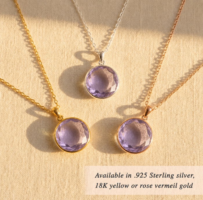 Alexandrite necklaces in sterling silver, yellow gold, and rose gold vermeil with purple round pendants.