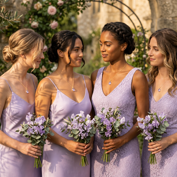Bridesmaids wearing matching purple alexandrite necklaces with lavender dresses and bouquets.