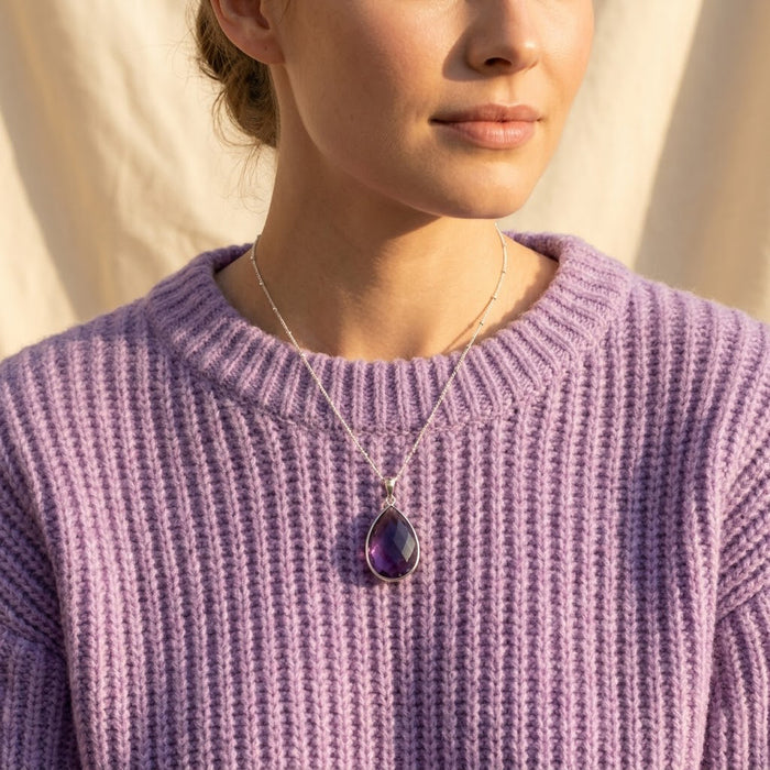 Dainty purple amethyst necklace on model, gold pendant with faceted gemstone, minimalist February birthstone jewelry gift for her