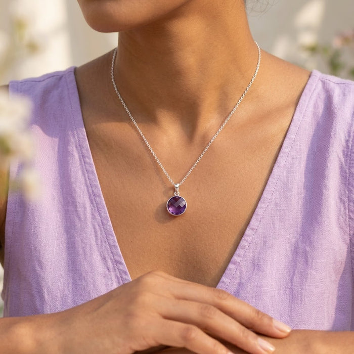 Minimalist amethyst necklace in gold, small purple gemstone pendant, everyday February birthstone jewelry for women