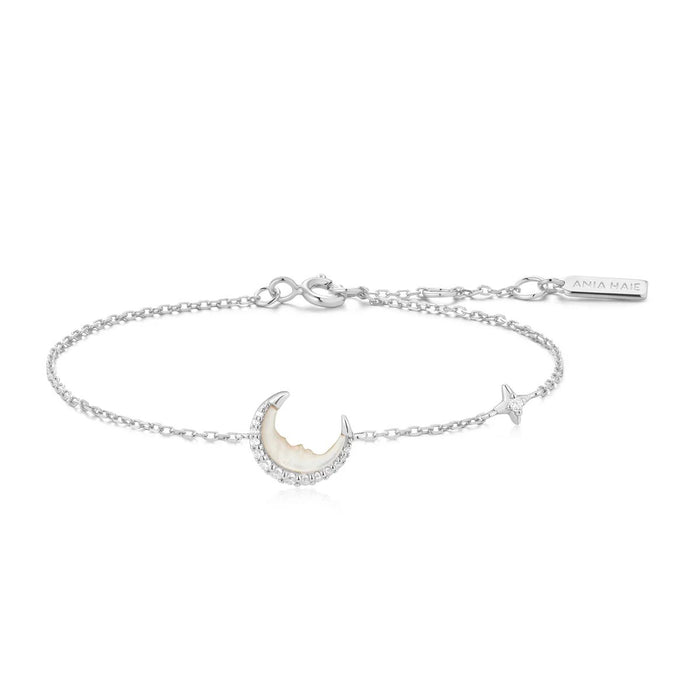 Ania Haie Mother of Pearl Crescent Moon Bracelet in Sterling Silver with Cubic Zirconia