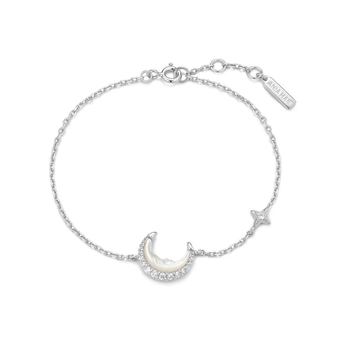 Ania Haie Mother of Pearl Crescent Moon Bracelet in Sterling Silver with Cubic Zirconia