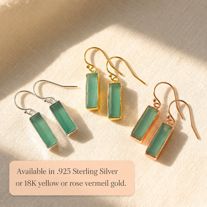 Aqua chalcedony baguette earrings available in sterling silver or 18k vermeil gold.