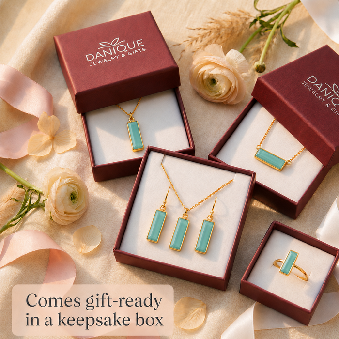 Gift-ready aqua chalcedony earrings packaged in Danique Jewelry keepsake boxes.