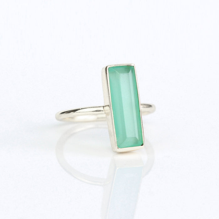 Sterling Silver Metal Bar Ring Vertical Rectangle Gemstone Ring March Birth Month Gemstone March Birthstone Aqua Chalcedony Birthstone Aquamarine Alternative