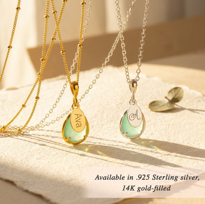 Aqua chalcedony necklace available in sterling silver and gold filled, personalized name pendant with March birthstone