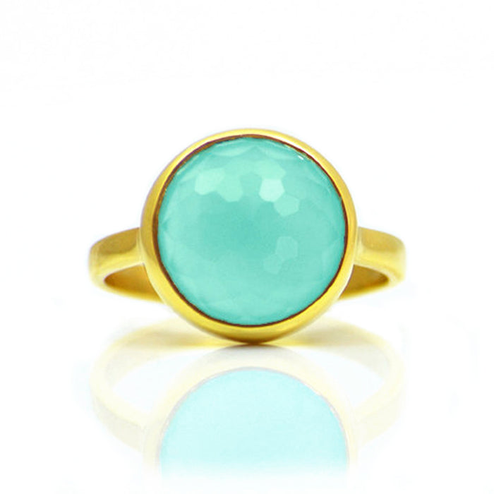 Aqua Chalcedony round bezel set ring - March Birthstone
