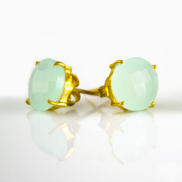 Aqua Chalcedony Round Prong Set Stud Earrings - March Birthstone
