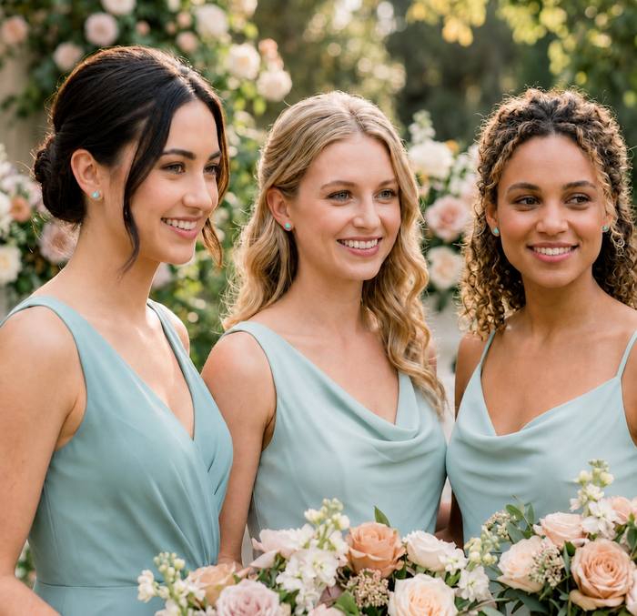 Bridesmaids wearing aqua dresses and matching aqua chalcedony triangle stud earrings for wedding party jewelry.