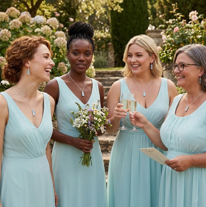 Bridesmaids wearing personalized aqua chalcedony necklaces, meaningful March birthstone jewelry for wedding party gifts.