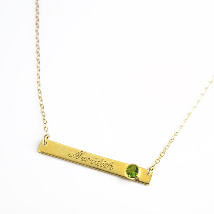 August Custom Bar Necklace with Bezel Birthstone