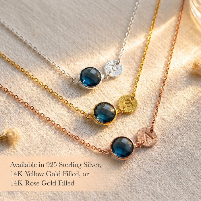 Blue kyanite September birthstone necklace shown in silver, yellow gold, and rose gold metal finishes