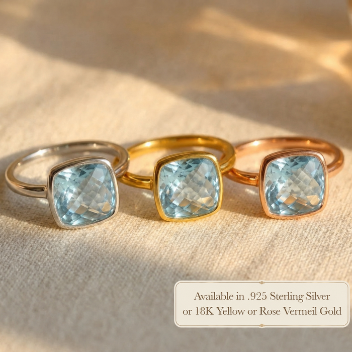 blue topaz cushion cut rings in sterling silver, yellow gold vermeil and rose gold vermeil, minimalist gemstone ring collection