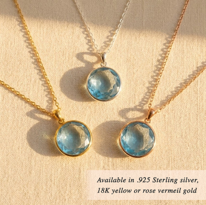 Blue topaz necklaces in gold and silver, December birthstone pendants in multiple shapes, dainty jewelry collection