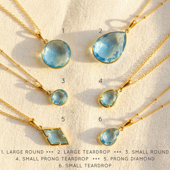 Blue topaz pendant necklaces in assorted sizes and shapes, elegant December birthstone jewelry set
