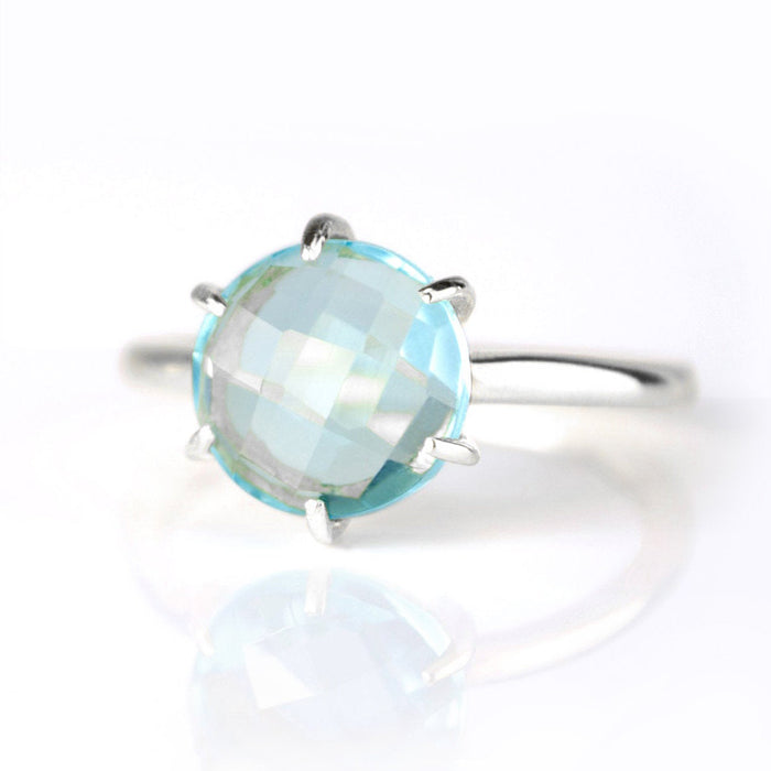 Blue Topaz Round Prong Set Ring, 925 Sterling Silver or 18k Gold, December Birthstone, Custom Circle Gemstone Ring for Her, Christmas Gift for Wife