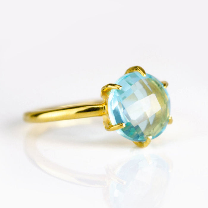 Blue Topaz Round Prong Set Ring, 925 Sterling Silver or 18k Gold, December Birthstone, Custom Circle Gemstone Ring for Her, Christmas Gift for Wife