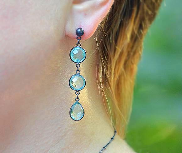Blue Topaz Triple drop Bezel Set Stud Earrings - December Birthstone