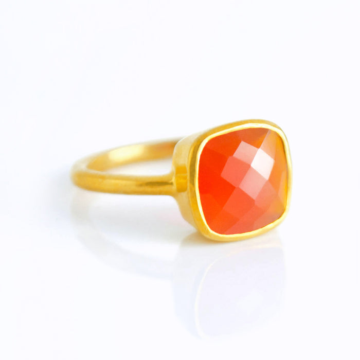 Gold plated carnelian ring, birthstone jewelry, orange gemstone ring, square cushion faceted carnelian, Bezel set ring, Sterling silver ring, carnelian gift, birthday gift, ring for her, birthstone ring, birthstone
