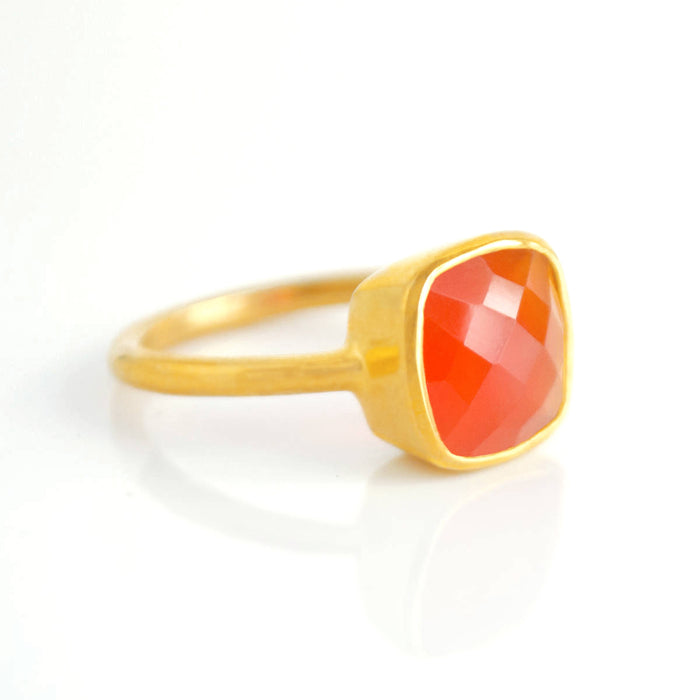 Gold plated carnelian ring, birthstone jewelry, orange gemstone ring, square cushion faceted carnelian, Bezel set ring, Sterling silver ring, carnelian gift, birthday gift, ring for her, birthstone ring, birthstone