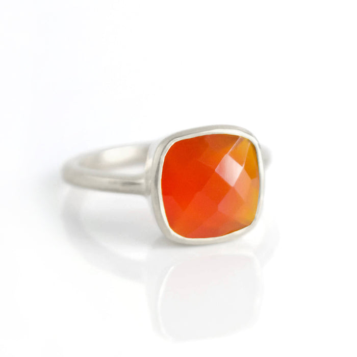 sterling silver carnelian ring, birthstone jewelry, orange gemstone ring, square cushion faceted carnelian, Bezel set ring, Sterling silver ring, carnelian gift, birthday gift, ring for her, birthstone ring, birthstone