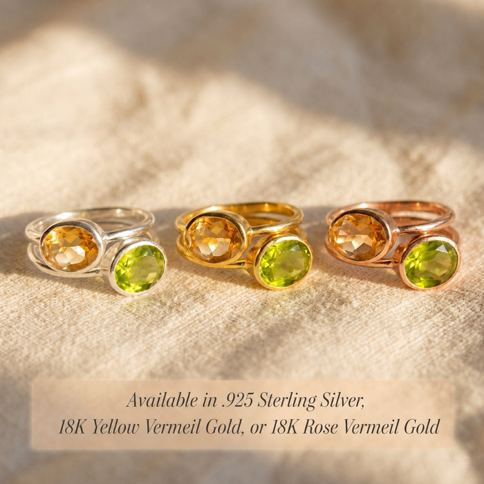 Citrine and peridot ring shown with warm yellow and green oval gemstones in sterling silver, yellow gold  or rose gold setting
