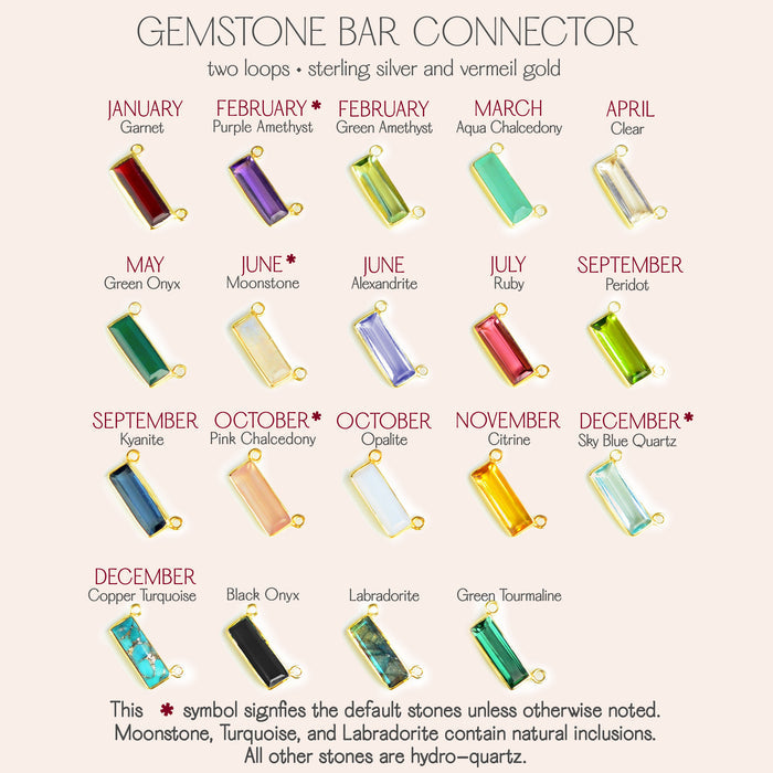 gemstone adira bar connectors. birthstone jewelry, birth month jewelry, birthstone necklace, jewelry gift, necklace gift for her, anniversary gift, christmas gift, valentine's day gift, wedding jewelry, bridesmaid's jewelry, gift for mom, gift for wife, gift for girlfriend, gift for grandma, mother's day gift