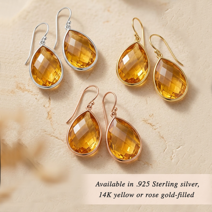 citrine teardrop earrings gold bezel set gemstone dangle earrings