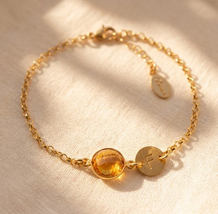Citrine November Birthstone Bracelet with Initial Charm, Gold or Sterling Silver Personalized Gift
