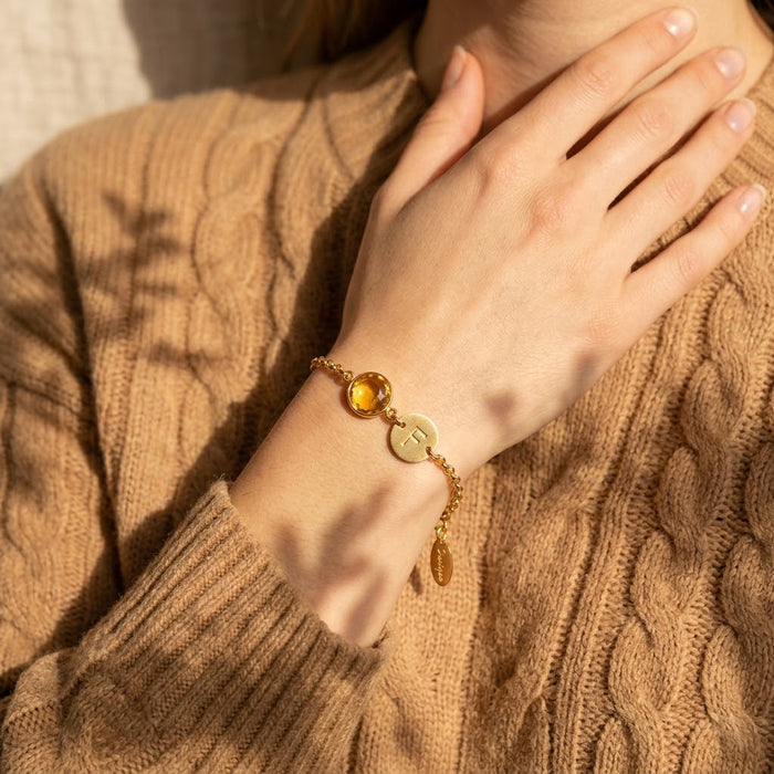 Citrine November Birthstone Bracelet with Initial Charm, Gold or Sterling Silver Personalized Gift