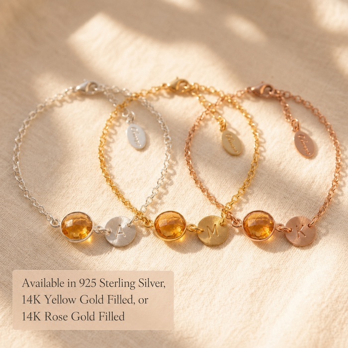 Citrine November Birthstone Bracelet with Initial Charm, Gold or Sterling Silver Personalized Gift