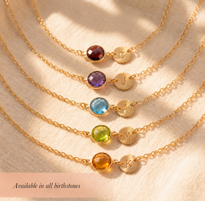 Personalized birthstone jewelry shown with multiple gemstone color options for custom necklaces and bracelets