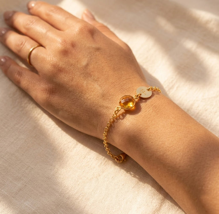 Citrine November Birthstone Bracelet with Initial Charm, Gold or Sterling Silver Personalized Gift