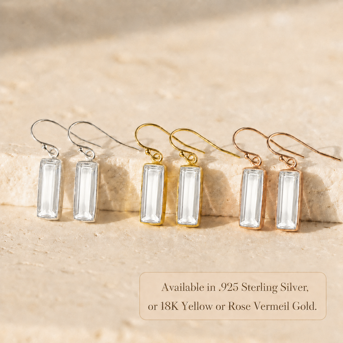 Clear quartz bar earrings shown in sterling silver, yellow gold, and rose gold vermeil finish options.