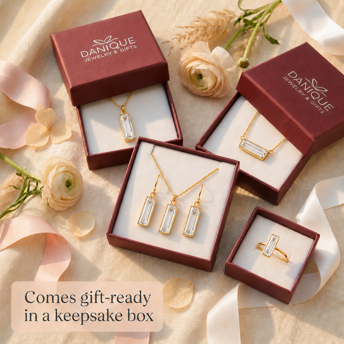 Clear quartz Adira jewelry set displayed gift-ready in Danique Jewelry branded keepsake boxes.