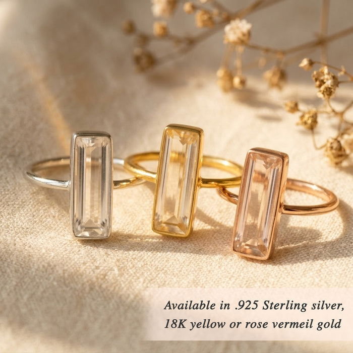 Set of clear quartz bar rings in sterling silver, gold and rose gold stacking rings