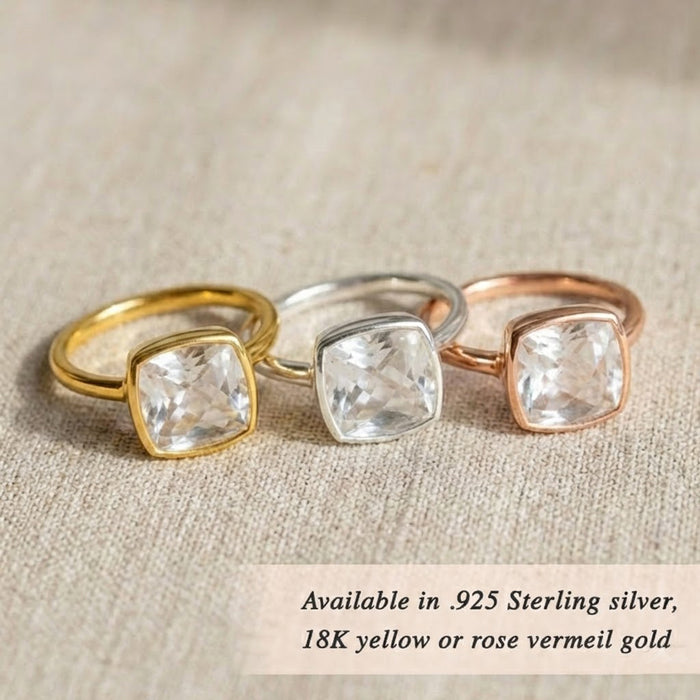 Cushion cut clear quartz ring available in sterling silver, 18k gold vermeil and rose gold, 9mm square transparent gemstone bezel set design, April birthstone ring for women, minimalist stacking gemstone ring, modern diamond alternative jewelry, handcrafted fine jewelry gift for her