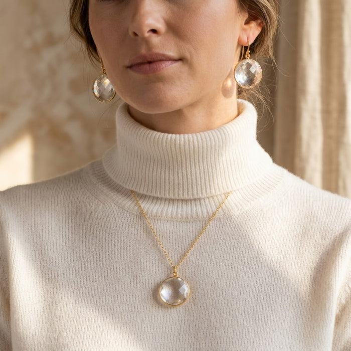 clear quartz jewelry set gold earrings and necklace april birthstone